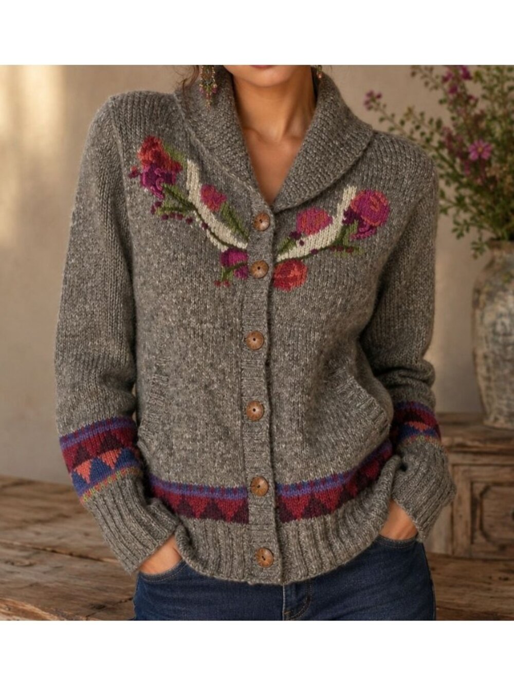 Lost Horizons Celia Rose Sundance Heavy Wool Cardigan Sweater Jacket S Floral